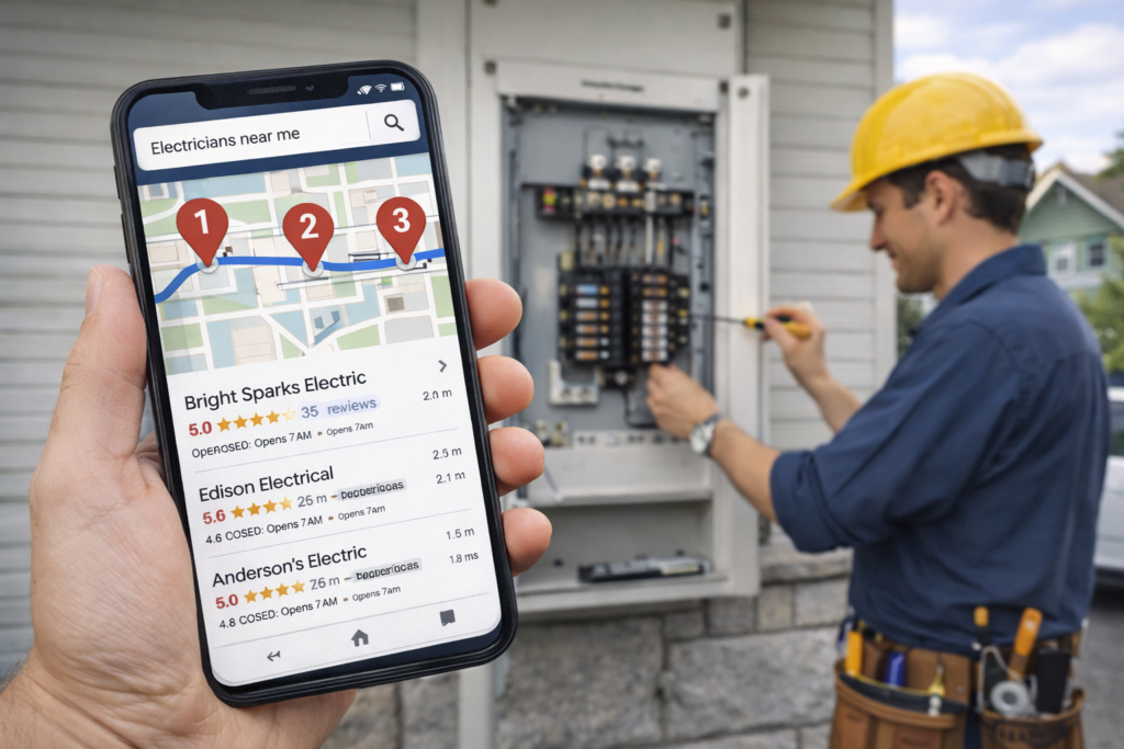 Phone screen showing the Google Local Pack, and an electrician working on an electrical panel in the background.