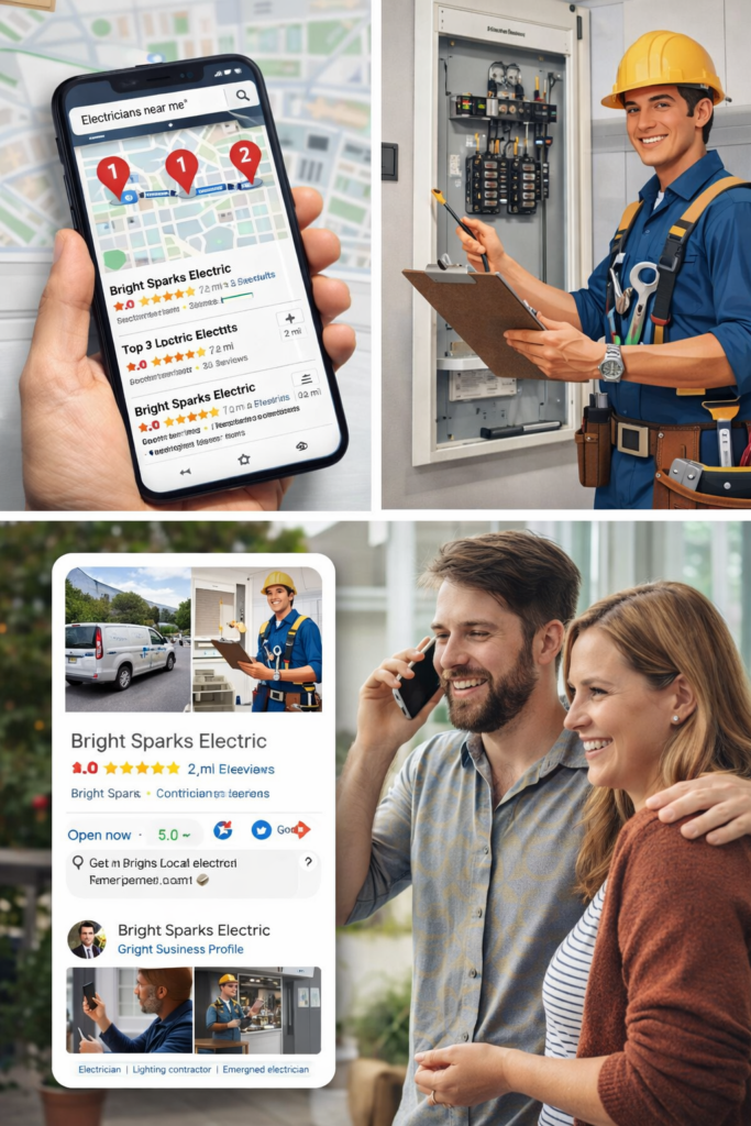 Image showing an electrician ranking highly on Google Maps and a family calling them.