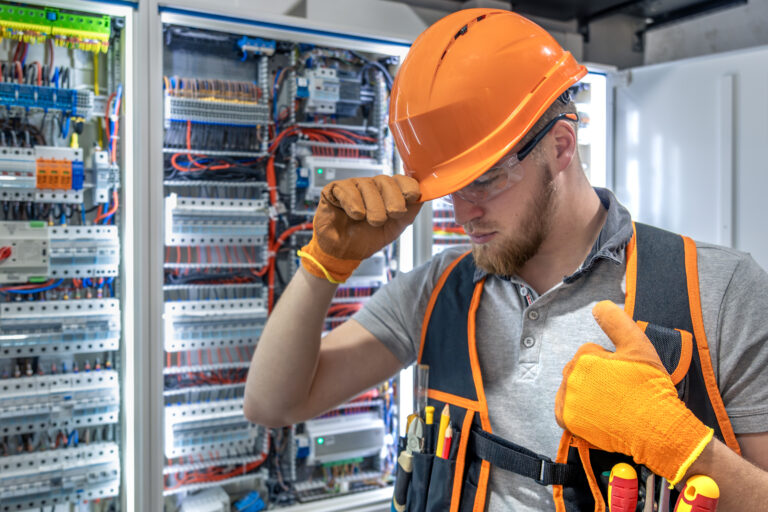 Male electrician working in electrical panel. Male electrician in overalls