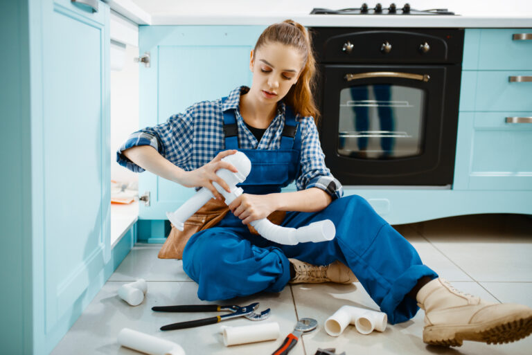 Female plumber sitting on the floor fixing a pipe