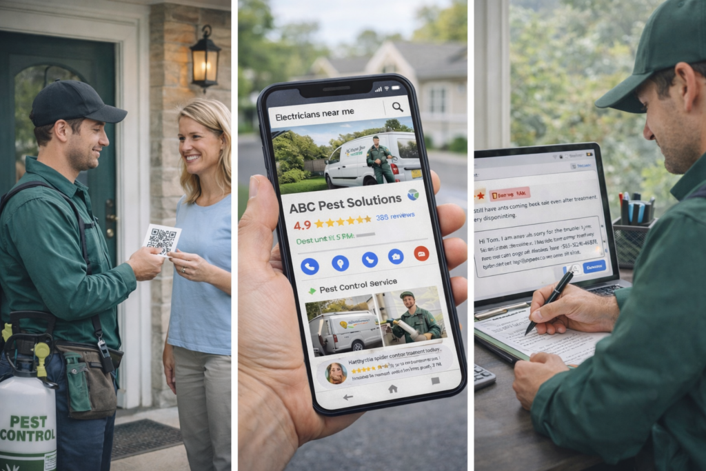 reputation management for pest control in action, as man hands woman a QR code for making a review.