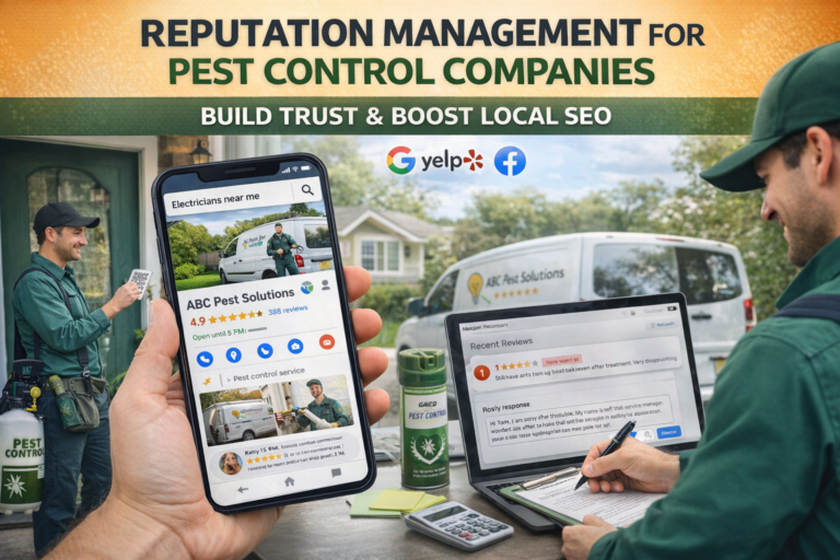reputation management for pest control with a phone and computer screen showing reviews beneath it