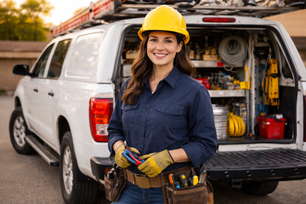 Female electrician standing near her truck