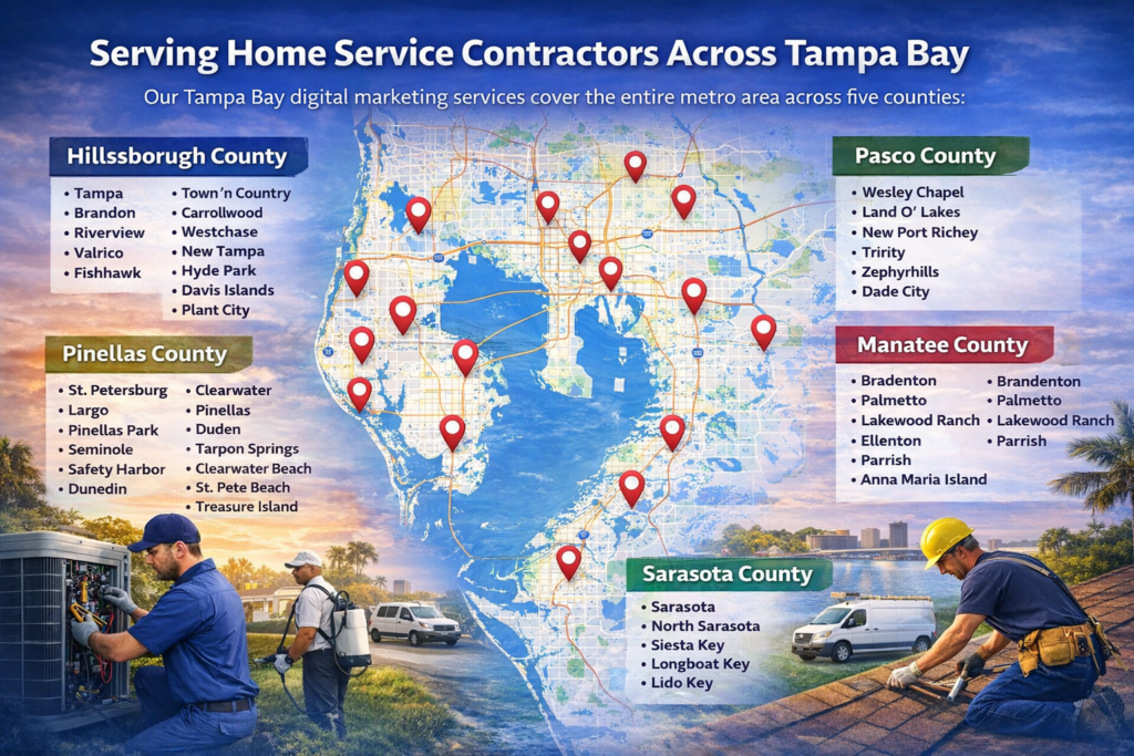 Map of Tampa Bay showing all the areas out Tampa digital marketing agency serves