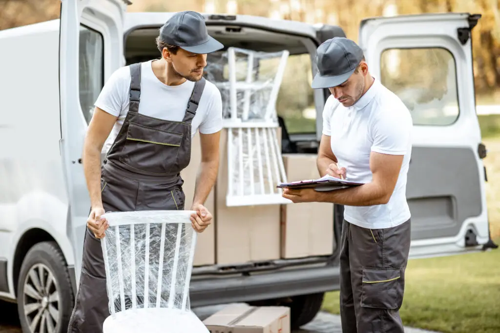 Delivery company employees unloading cargo van vehicle, delivering some goods and furniture to a clients home after home services SEO filled their calendar with work.