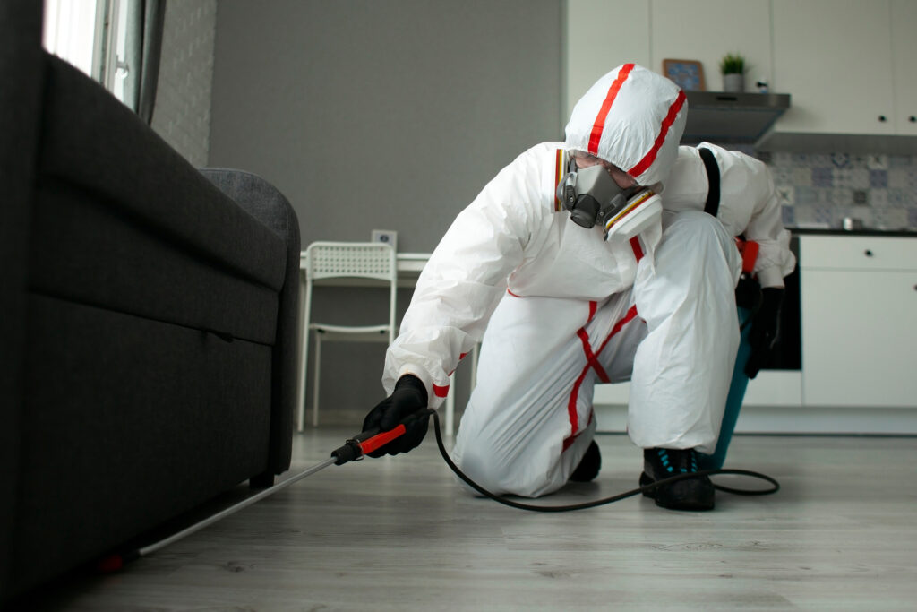 Disinfection of premises against insects and rodents by chemical means, a sanitary worker with a spray on the background of the apartment after pest control PPC fill their calendar with work. 