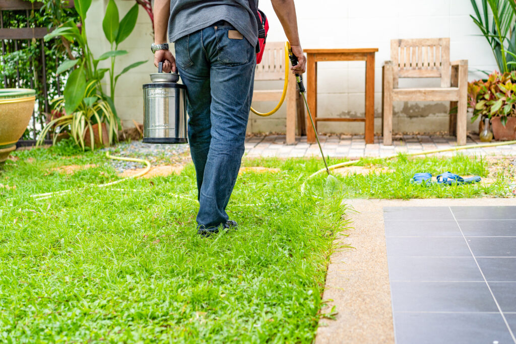 Tampa pest control company is spraying the destroy chemical liquid in to white ant nest in the yard after pest control PPC fill their calendar with work.