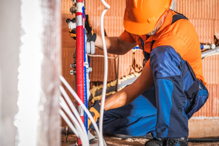 Plumber Wearing Orange Hard Hat Installing Bathroom Water Supply Inside Newly Developed Concrete Blocks Building after Tampa plumber PPC filled their schedule