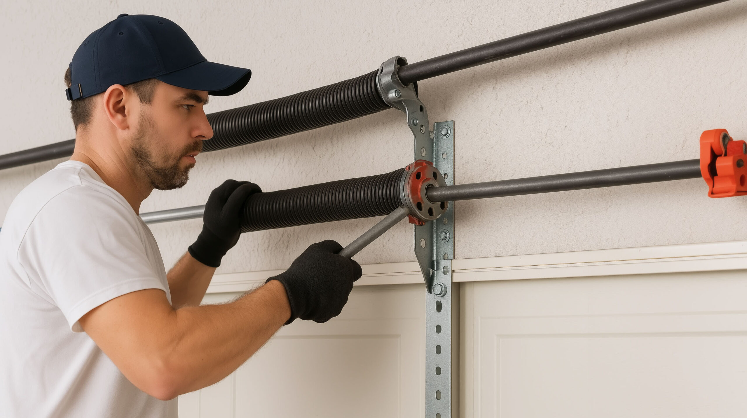 Garage door repair technician replacing a torsion spring on a Tampa Bay residential garage — the high-urgency emergency repair that garage door SEO company strategies in Tampa FL target at the moment of peak homeowner intent