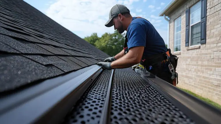 Workers installing seamless gutters on a newly renovated home, showcasing the sleek and modern appearance of the new gutter system, enhancing the home's functionality and design